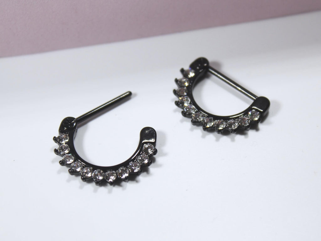 Black Dangle Nipple Ring,  Pair of Black CZ Hinged Clicker Nipple Barbell,  14g Nipple Barbell Piercing Jewelry, Body Jewelry