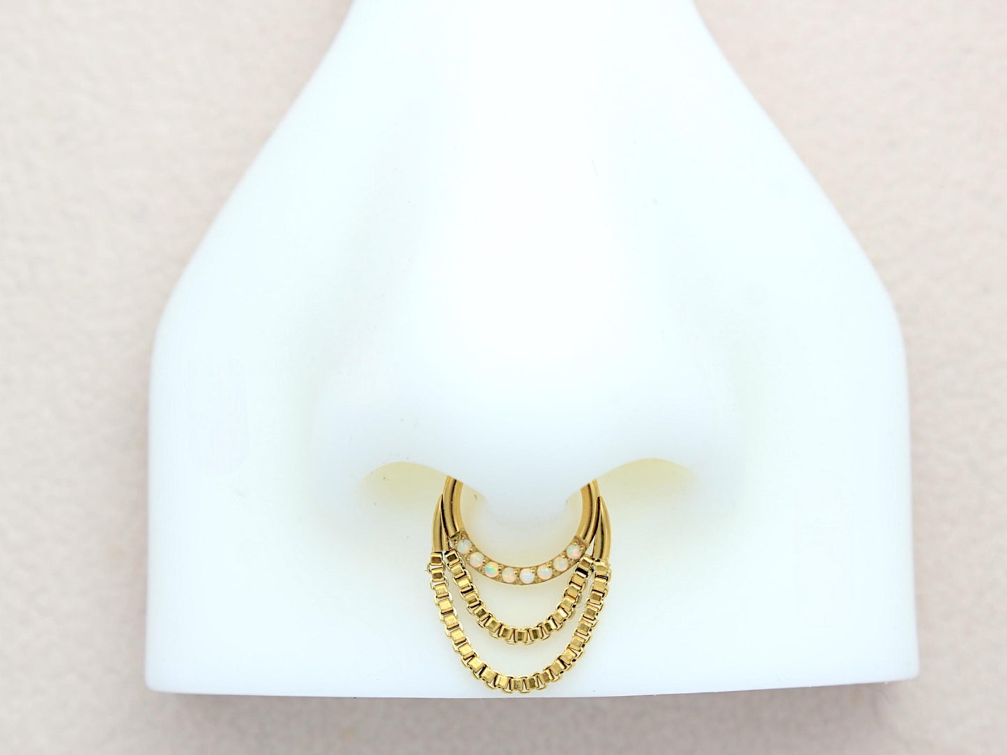 16G Gold Dangling Chain Septum Clicker Ring. Double Chain Opal Septum Hoop Ring. Septum Nose Jewelry, Septum Piercing Ring