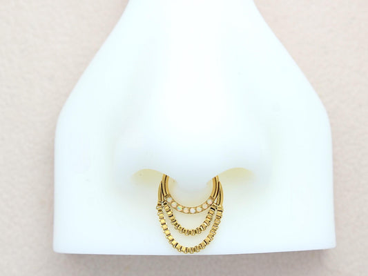 16G Gold Dangling Chain Septum Clicker Ring. Double Chain Opal Septum Hoop Ring. Septum Nose Jewelry, Septum Piercing Ring