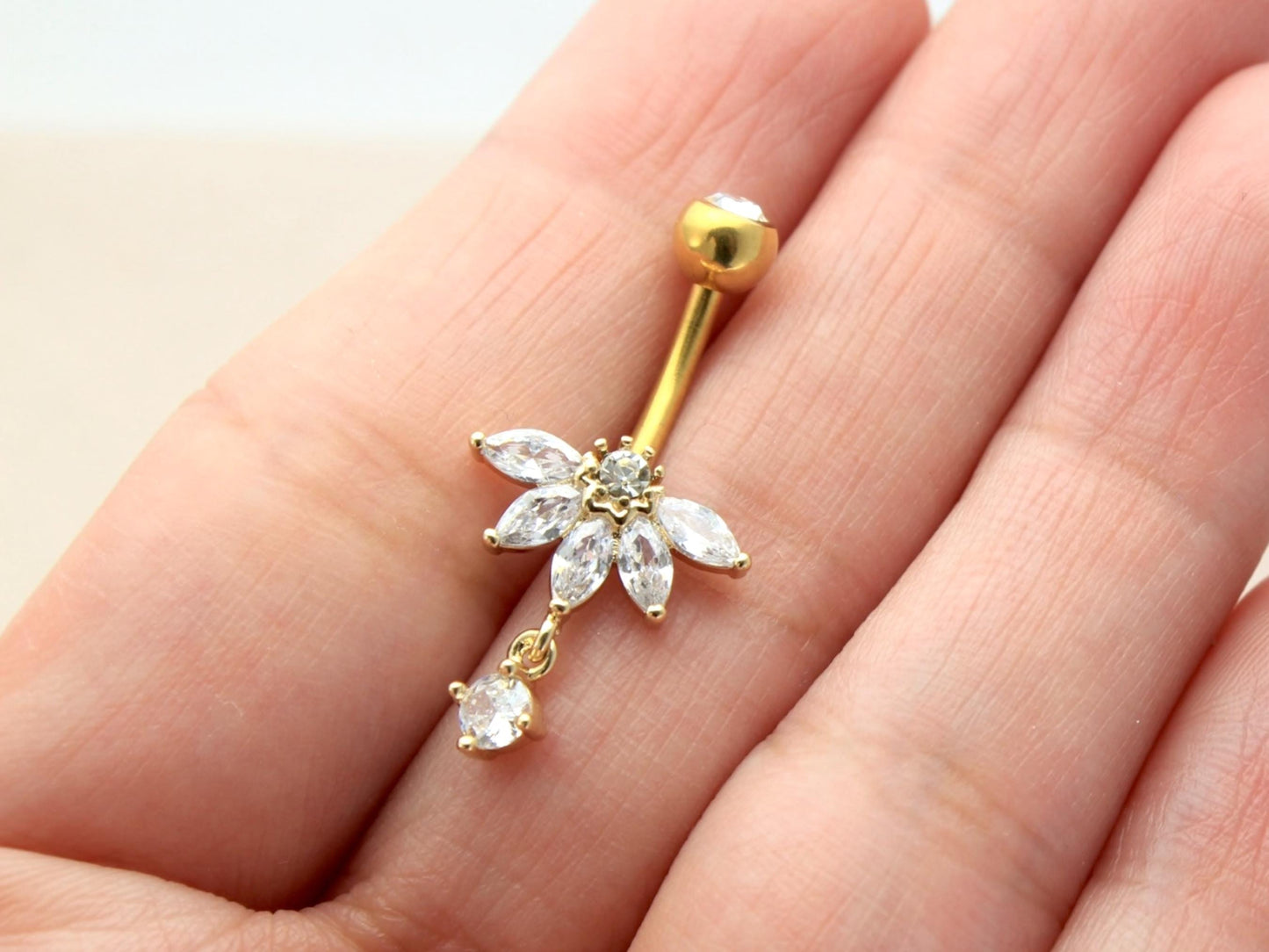 Gold Floral CZ Dangling Belly Button Ring