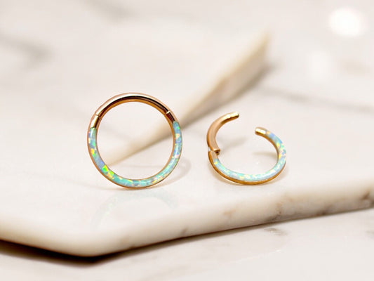 16G Rose Gold Dainty Opal Septum Ring, Opal Decor Front Septum Piercing Clicker Hoop, Nose Piercing Hoop Ring, Cartilage Earring