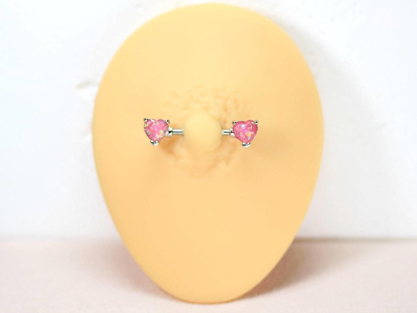 14g Opal Heart Nipple Ring, Pair of Internally Threaded Pink Glitter Nipple Piercing Jewelry, Surgical Steel Body Jewelry.