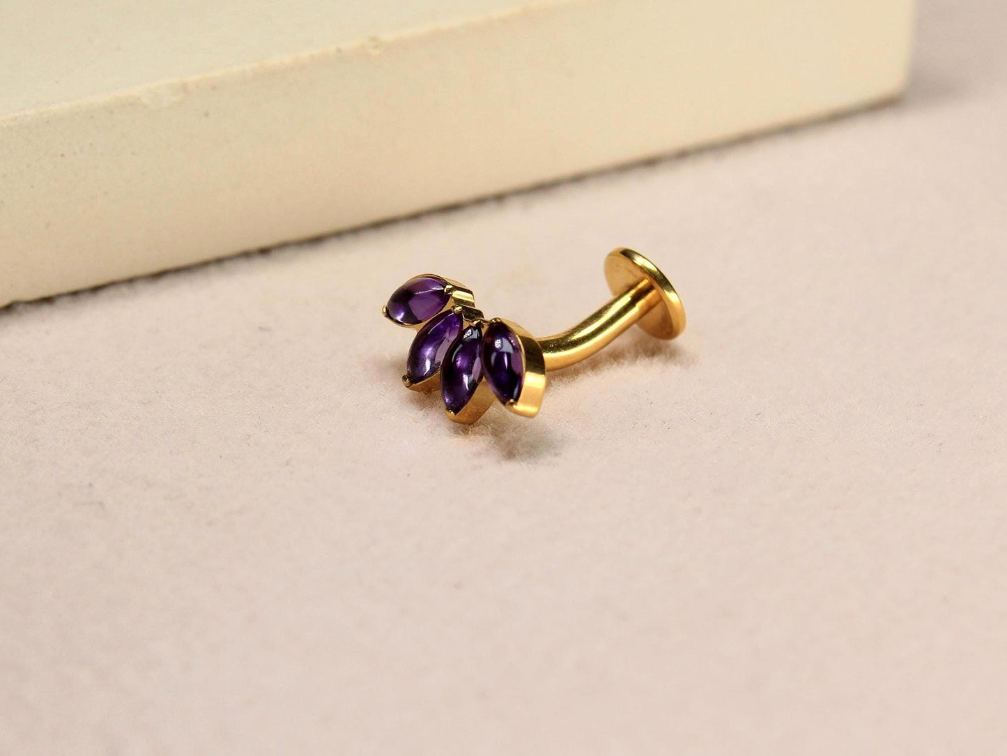 14G Titanium Belly Button Ring, Purple Stone Lotus Floral Threadless Push In Belly Ring Piercing, Floating Navel Ring Jewelry