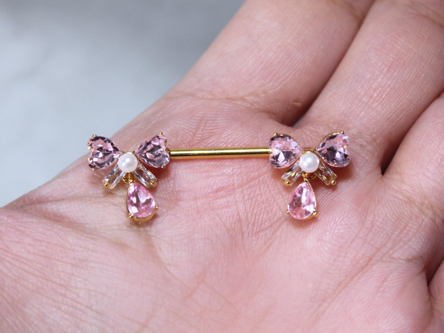 14G Pink Ribbon Bow-Tie Nipple Ring, Dainty Bow Dangling Nipple Piercing Jewelry, Personalized Body Jewelry, Waterproof Nipple Jewelry.