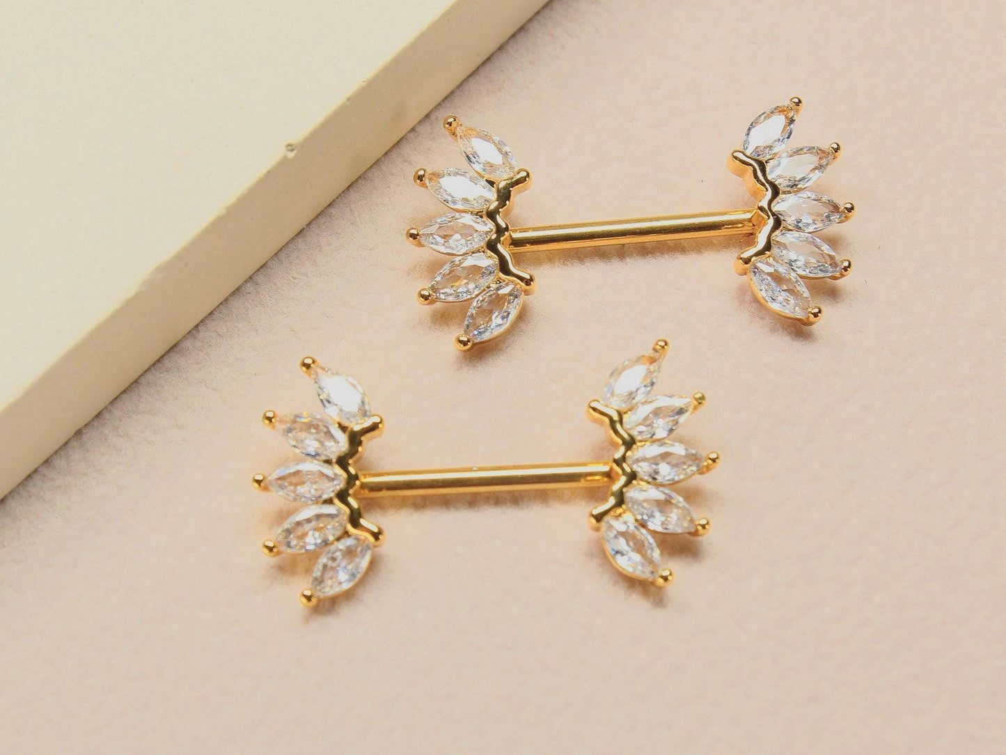 Gold Marquise Nipple Barbell, 14G Floral Petal Leaf Nipple Ring Jewelry, Pair of Leaf Nipple Piercing Jewelry, Gold Body Piercing Jewelry