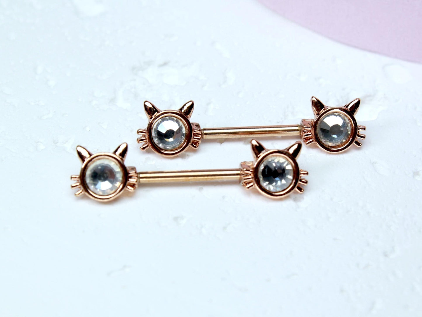 Rose Gold Cat Nipple Barbell, 14G Cute Sparkling Kitty Face Nipple Piercing Jewelry, Set of 2 Nipple Body Jewelry