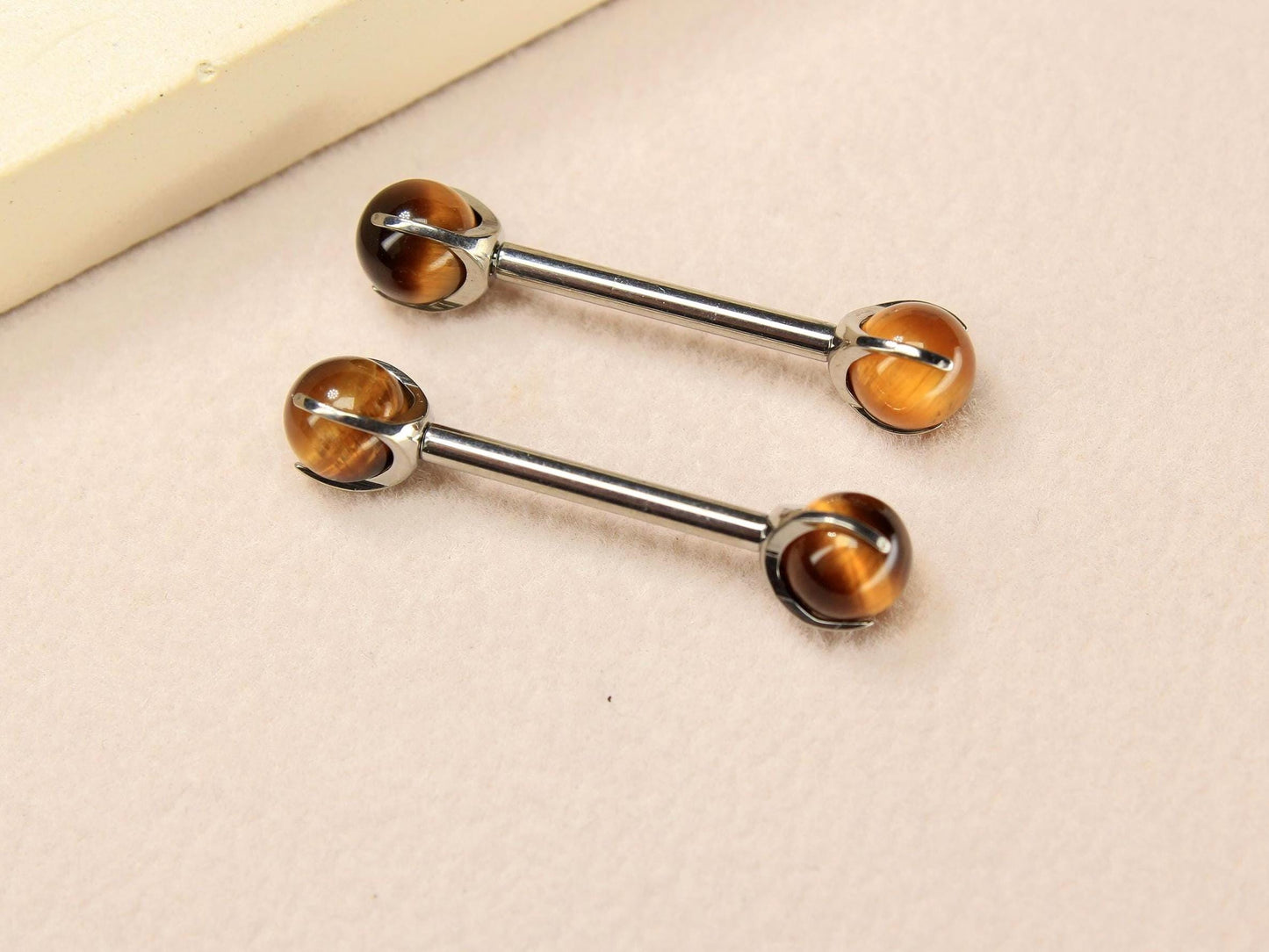 Tiger Eye Titanium Nipple Barbell, 14G Internally Threaded Nipple Piercing Ring, Custom Body Jewelry