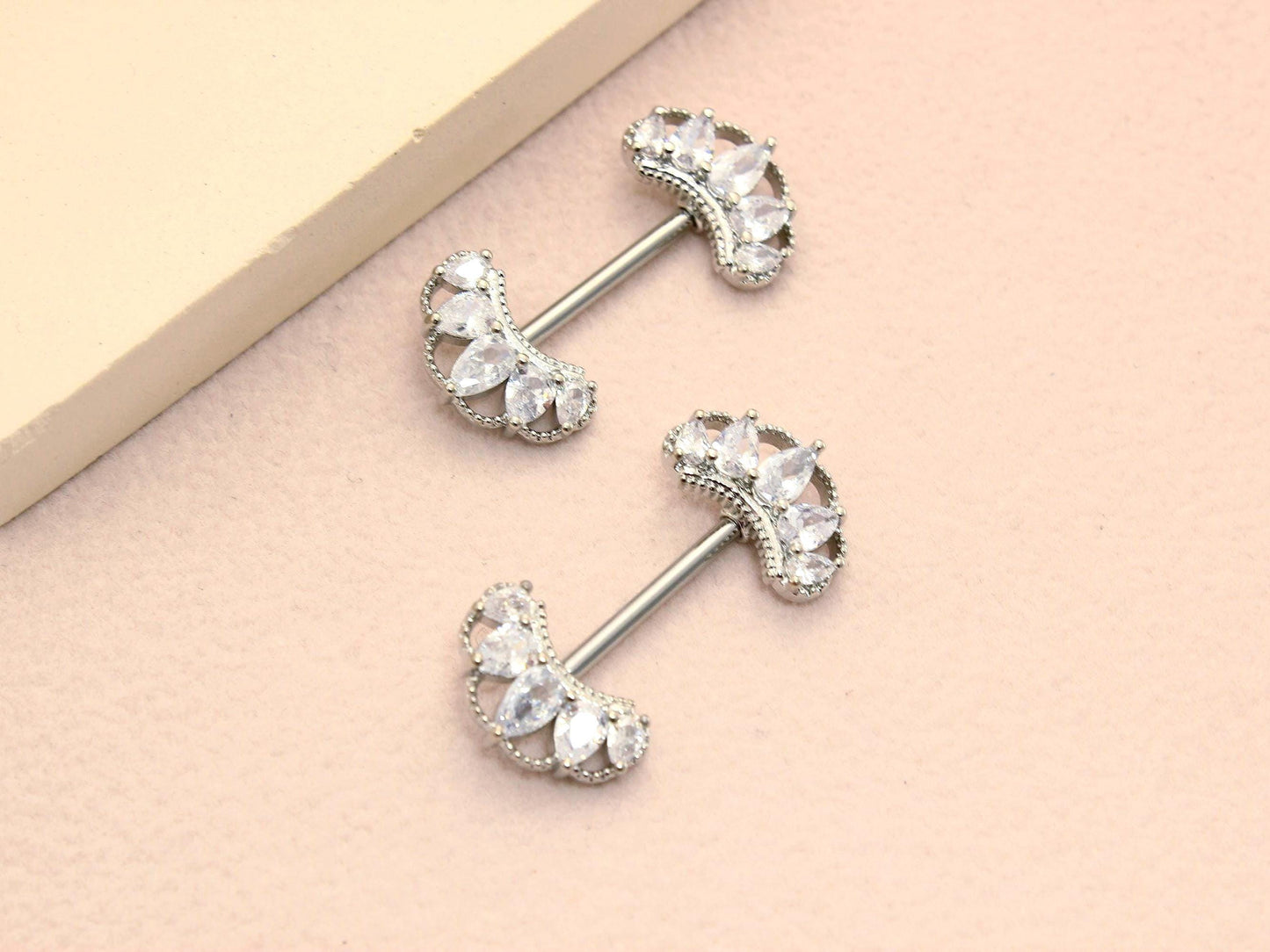 14g Nipple Barbell Piercing, Silver Floral Nipple Ring, Minimalist Body Jewelry