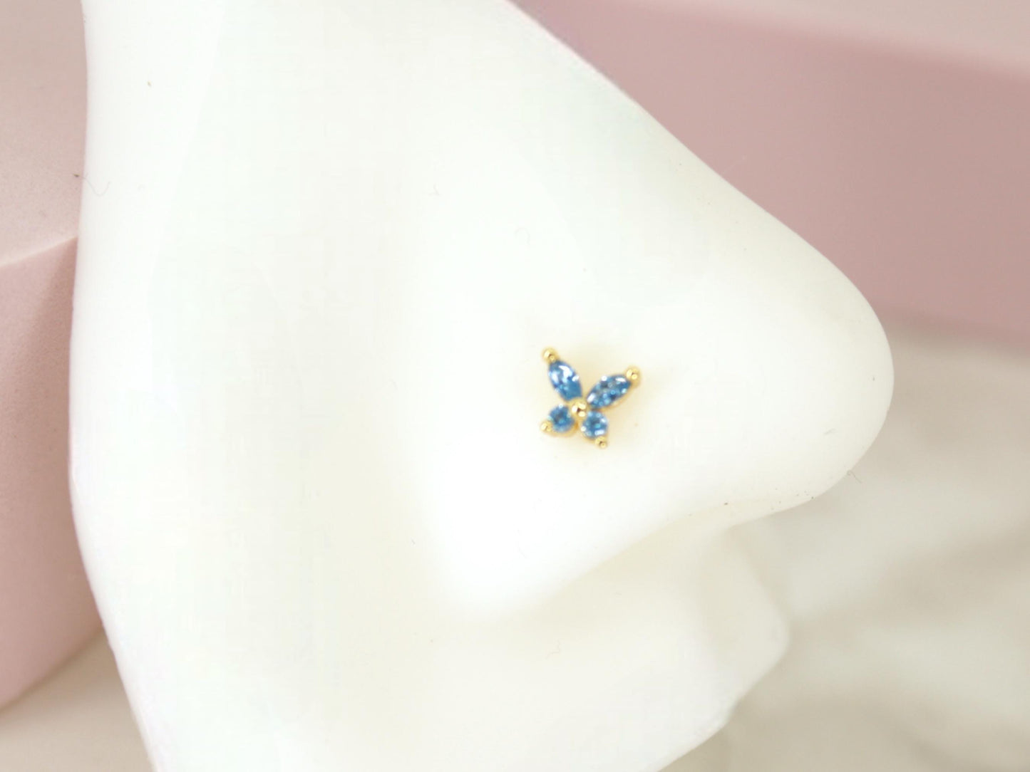 20g Blue Gem Butterfly Nose Ball End Stud.