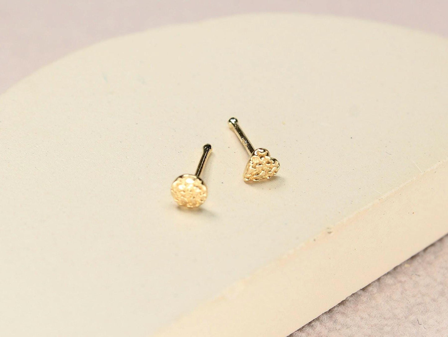 14k Gold Nugget Nose Stud, Dainty Solid Gold Nose Ring, Gold Heart Top Round Nugget Nose Bone Stud, Gold Nose Piercing Body Jewelry,