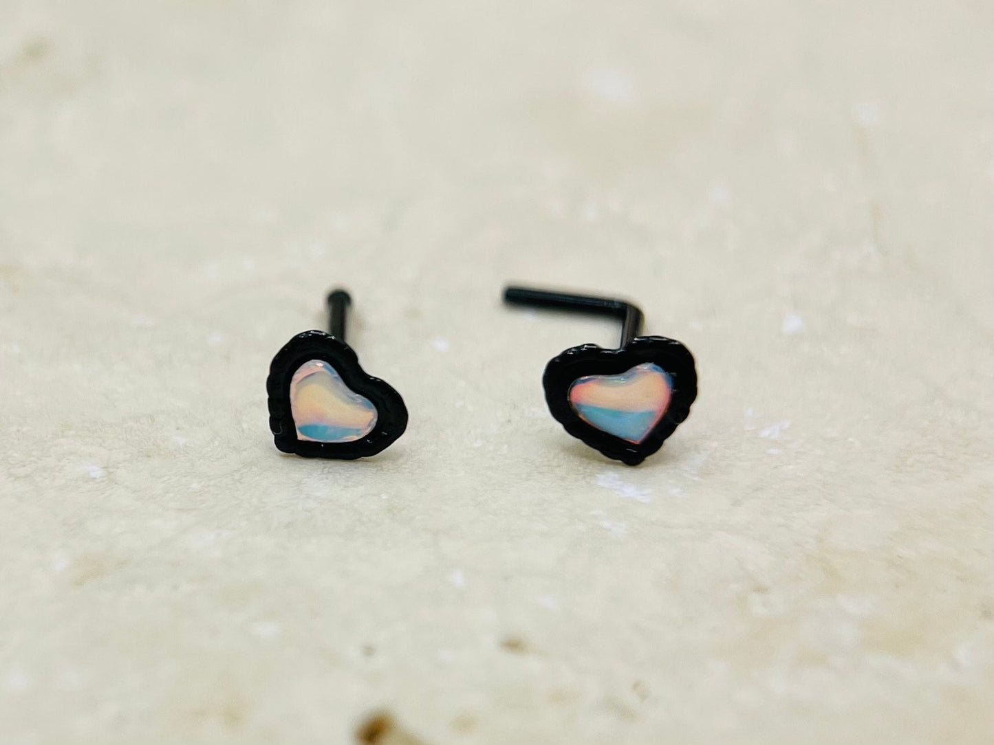 Black Heart Moonstone Nose Stud, L Shape & Ball End Moonstone Gem Decor Black Nose Piercing Stud Ring Jewelry, 20g Thin Nose Ring