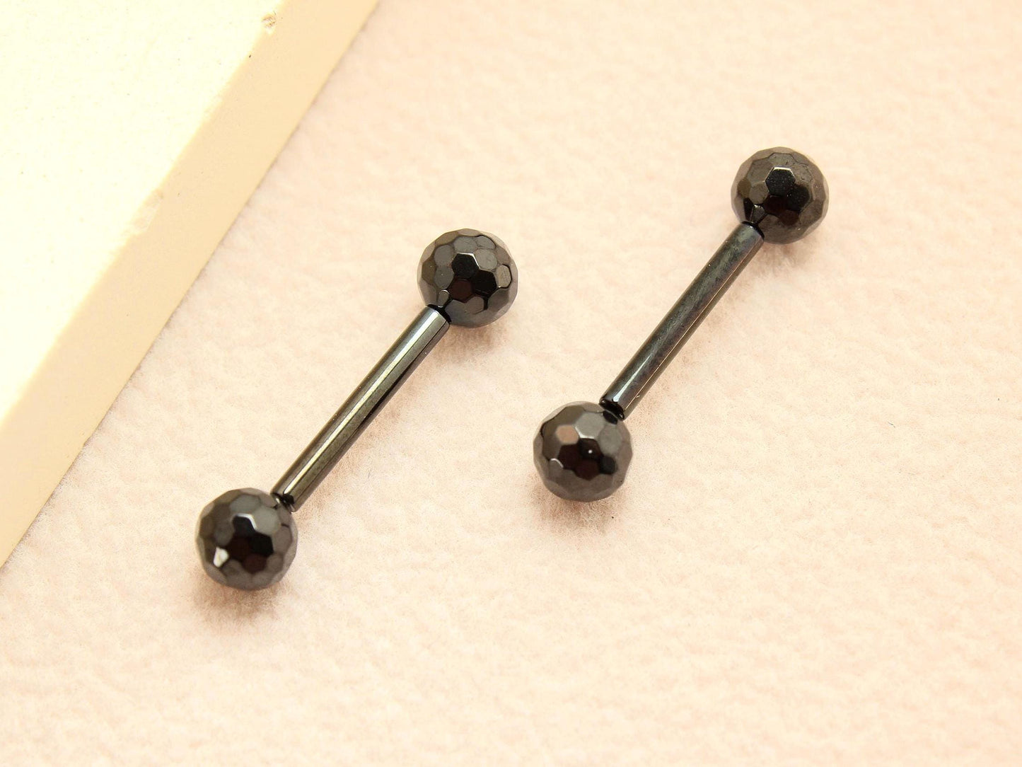 Black Titanium Threadless Nipple Barbell – 14G Disco Ball End Push-In Nipple Ring Set, Pair of Nipple Piercing Jewelry.