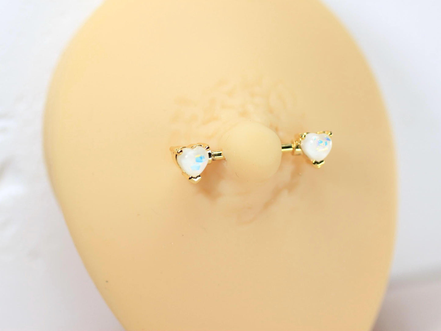 White Opal Heart Nipple Ring, Pair of Gold White Glitter Nipple Piercing Jewelry, 14g Gold Body Piercing Jewelry, Surgical Steel Jewelry