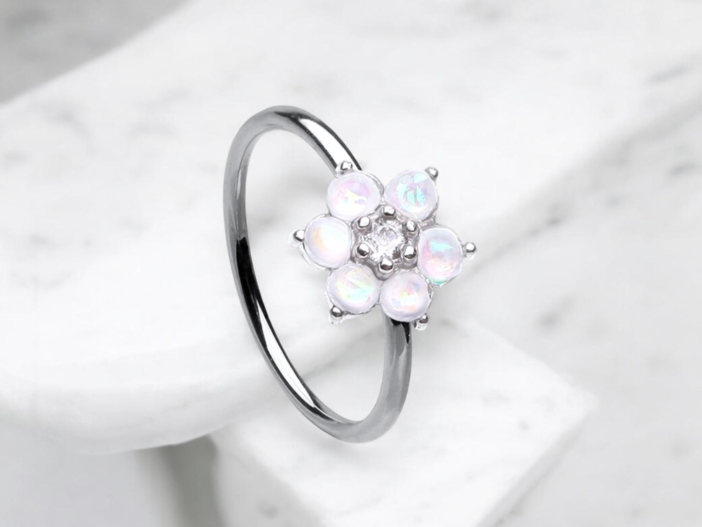 20g Opal Flower Nose Ring, Floral Top Opal Nose Hoop Ring, Jewelry, thin nose Ring Cartilage Hoop Ring, Hypoallergenic Nose Jewelry