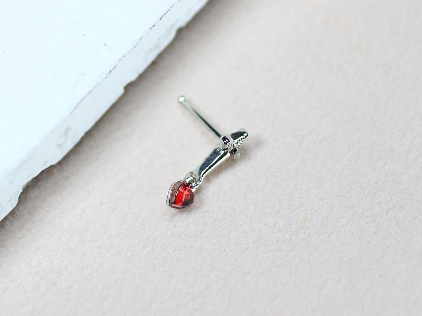 Dagger Nose Stud, 20g Dangling Heart Dagger Nose Bone Stud, Thin Nose Piercing, Ball End Nose Piercing, Surgical Steel Body Jewelry