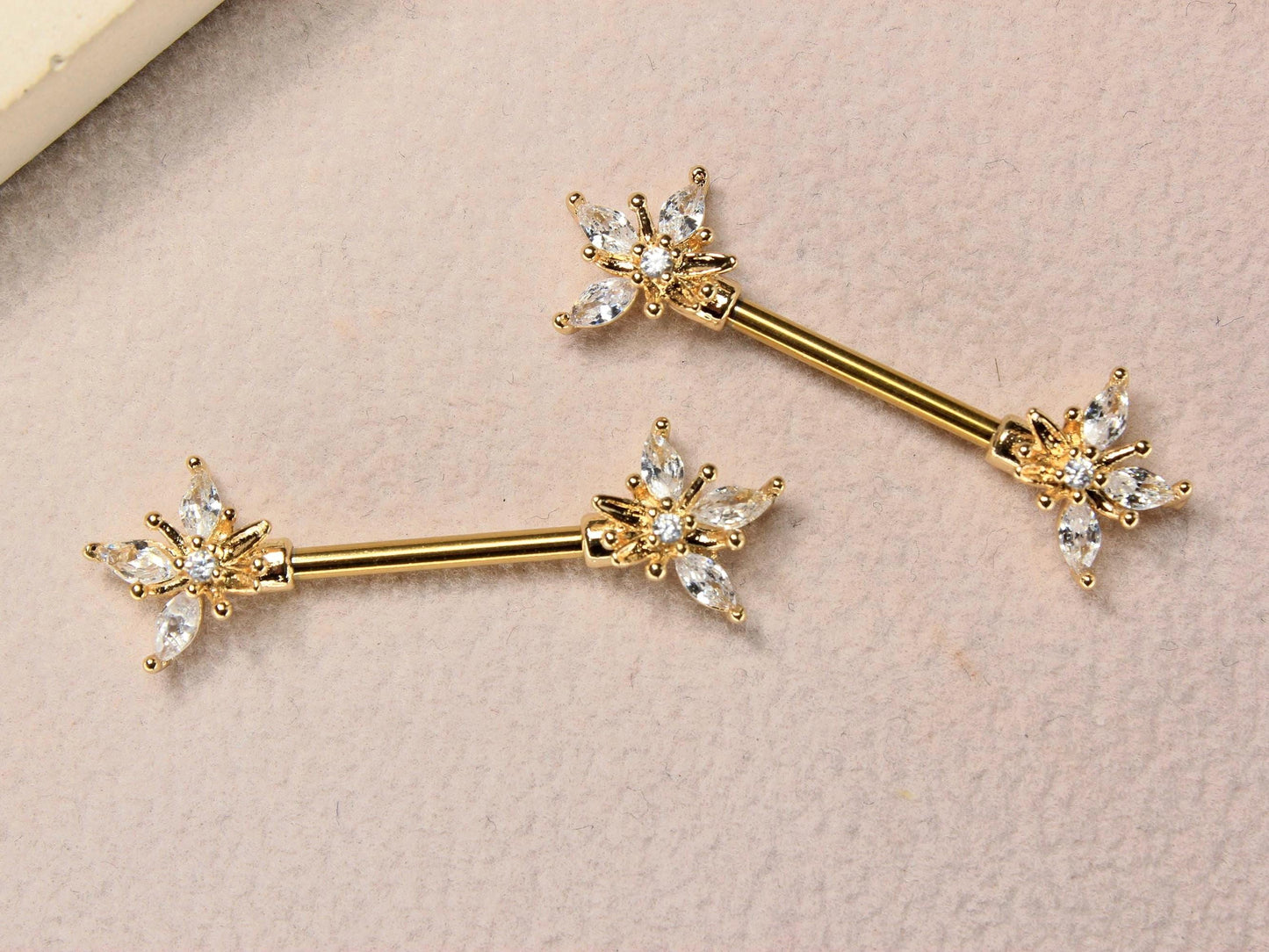 14G Gold Marquise Leaf Nipple Barbell, Pair of Floral Petal End Clear Gem Gold Nipple Piercing Jewelry, Body Piercing Jewelry,