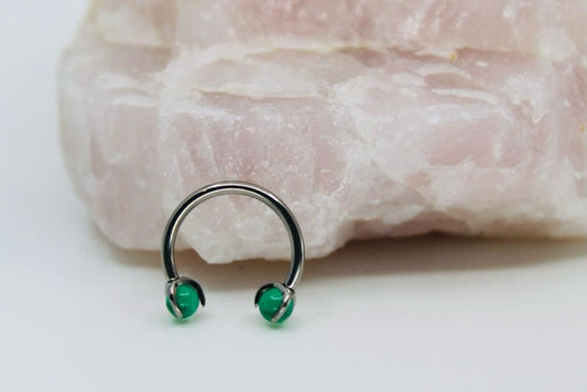 Implant Grade Titanium Natural Stone Jade Green Horseshoe Hoop Ring, Internally Threaded Septum Piercing Hoop Ring, Septum Jewelry Ring