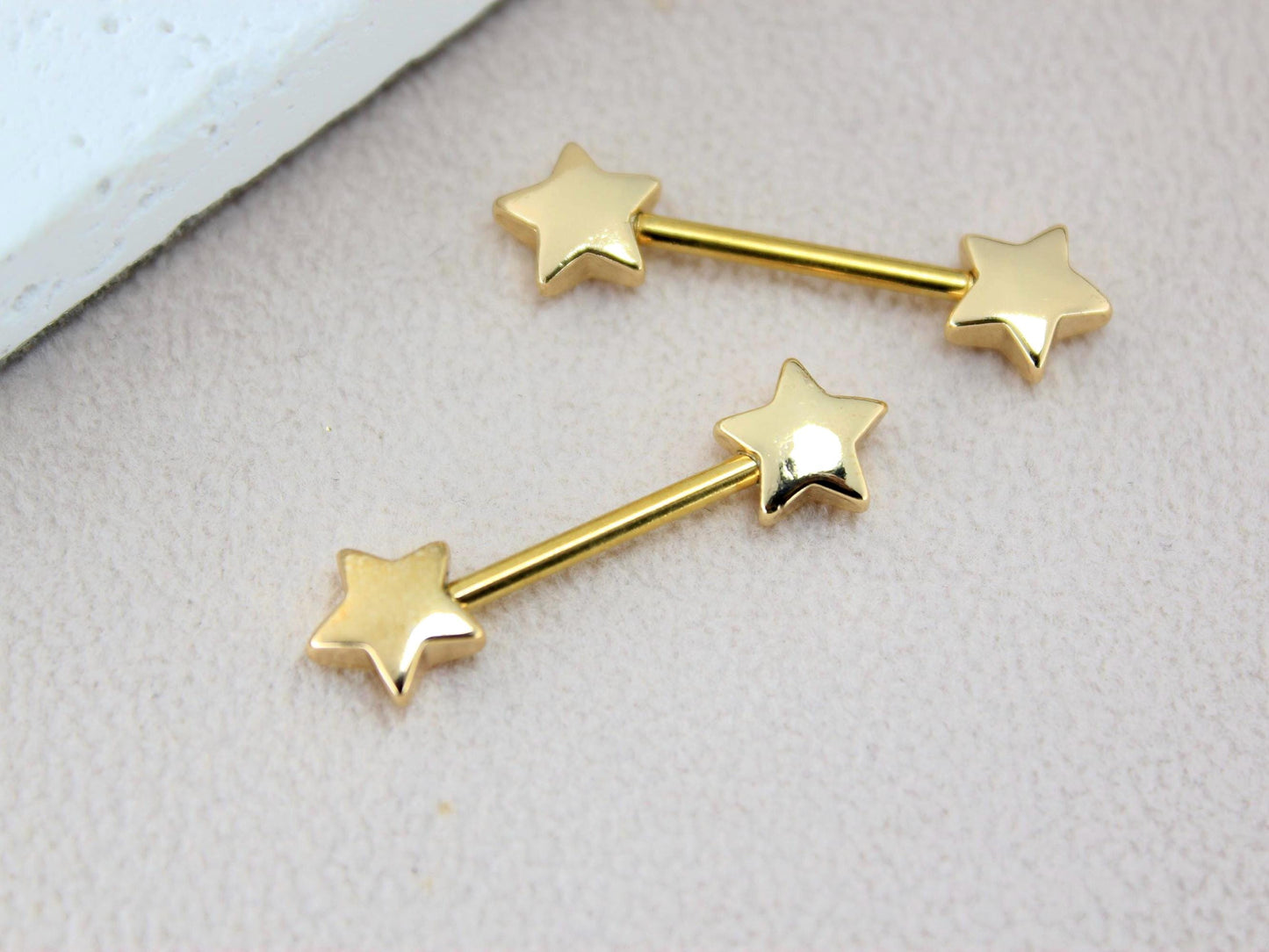14G Gold Nipple Barbell, Star End Nipple Ring Piercing, Hypoallergenic Body Jewelry, Minimalist Nipple Piercing.