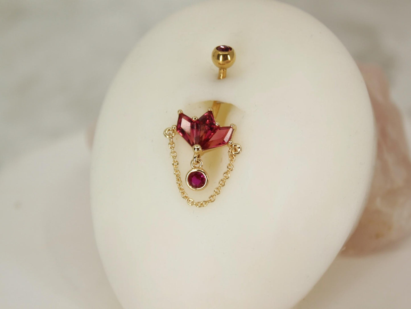 14g Dangling Gold Chain Belly Ring, Pink Marquise Gem Petal Decor Charm Belly Button Piercing Jewelry, Gold Dangling Navel Piercing Jewelry