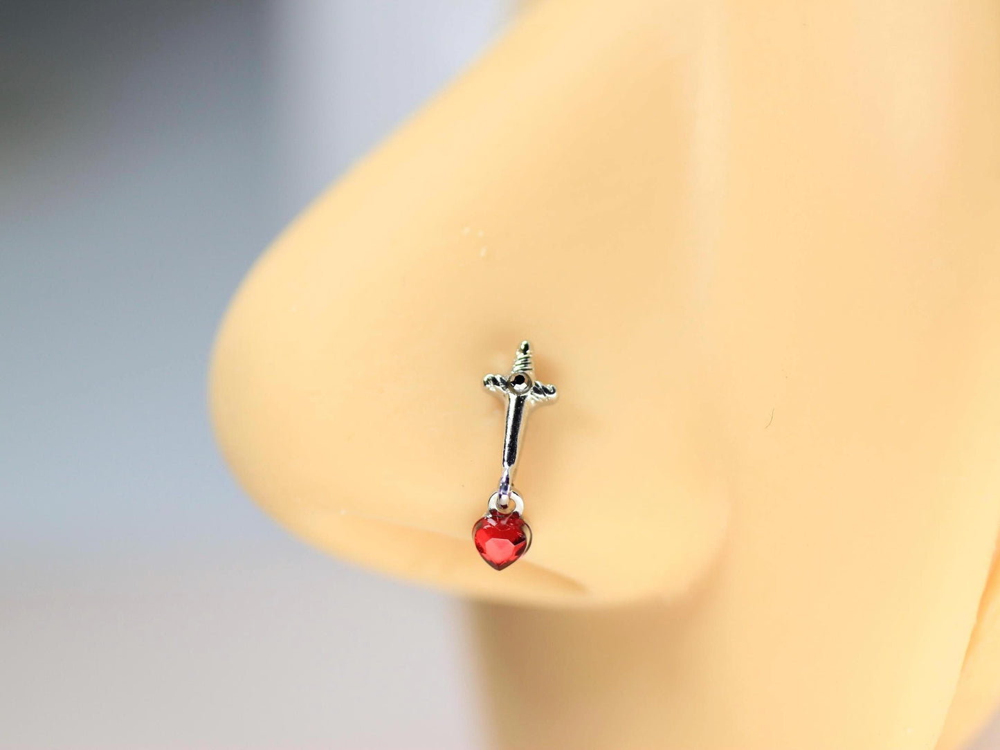 Dagger Nose Stud, 20g Dangling Heart Dagger Nose Bone Stud, Thin Nose Piercing, Ball End Nose Piercing, Surgical Steel Body Jewelry