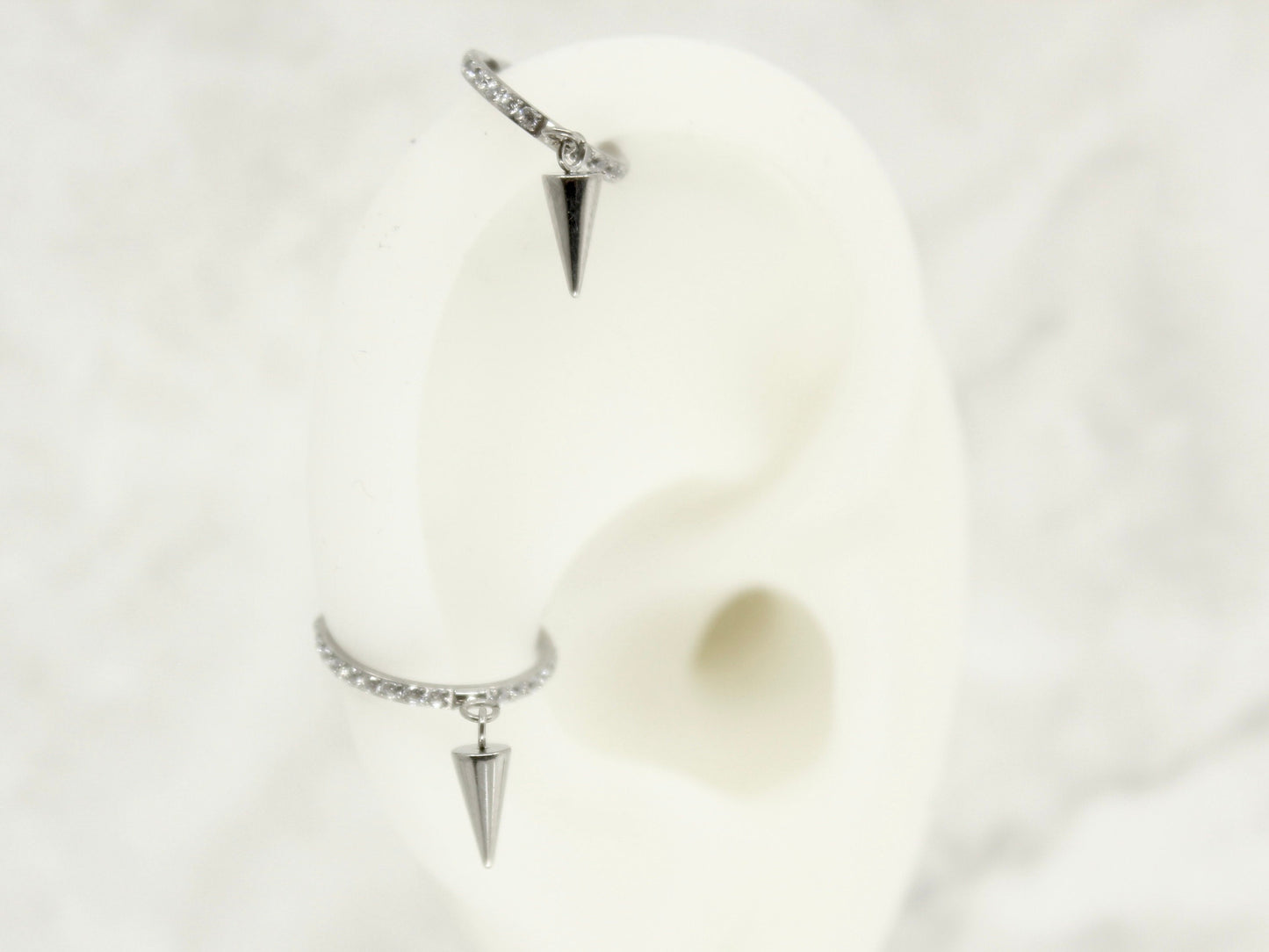 Silver Spike Dangle Hoop Ring, CZ Conch Hoop Clicker Ring, Conch Piercing Hoop Ring, Titanium Septum Daith Cartilage Piercing Earring
