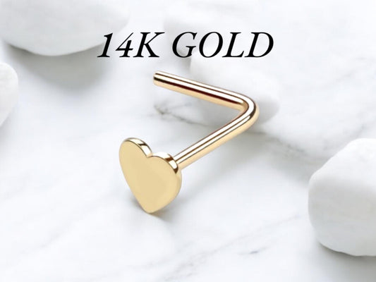 14K Gold Heart Nose Stud, Heart Top Nose Stud, 20g Thin Nose Stud L- Shape Bend Nose Bone Stud, Simple Style Elegant Nose Piercing Jewelry