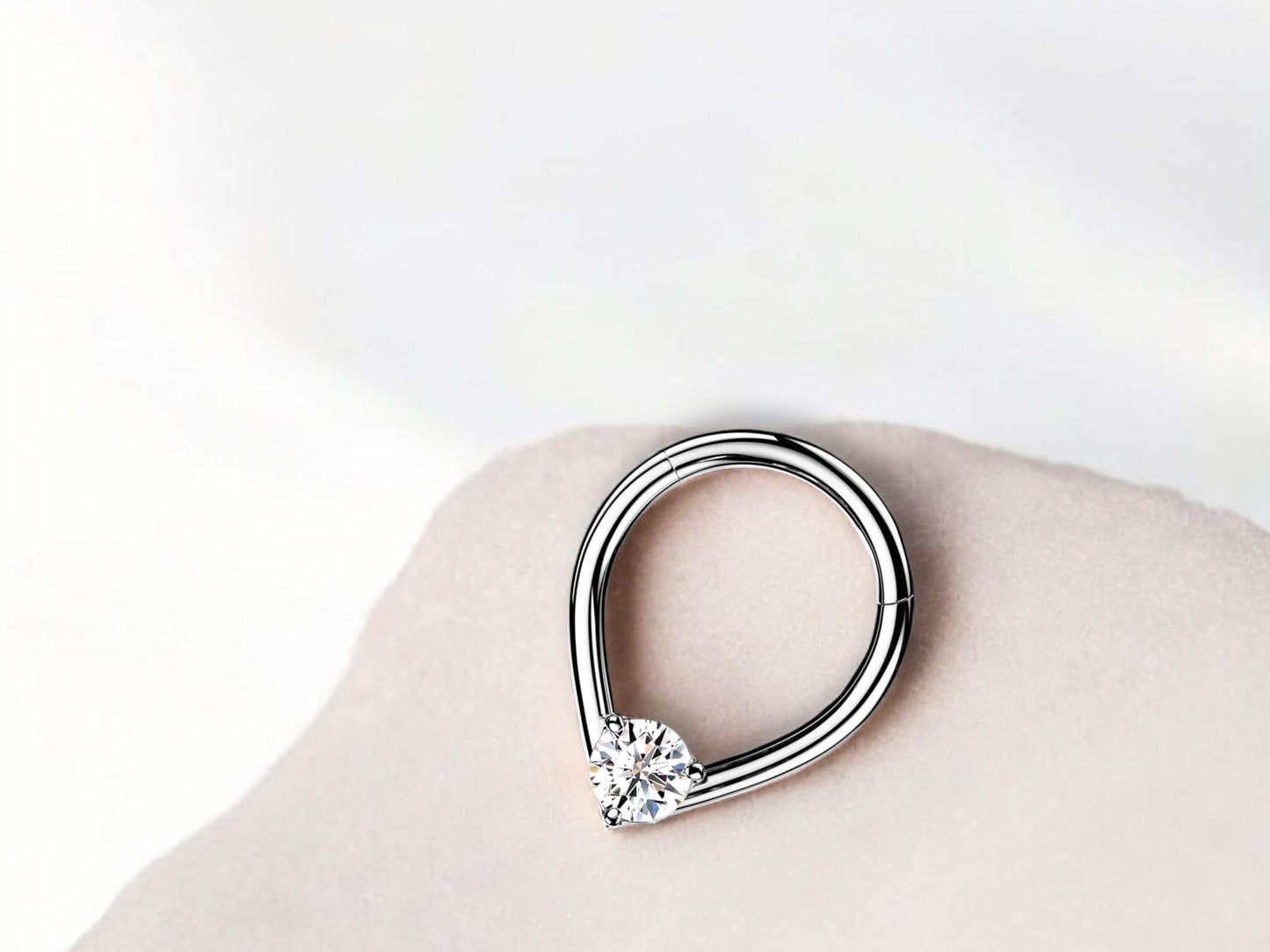 16g Silver Septum Clicker Ring, Teardrop Front CZ Hinged Segment Hoop Ring, Dainty Septum Hoop Jewelry, Nose Piercing, Body Jewelry.