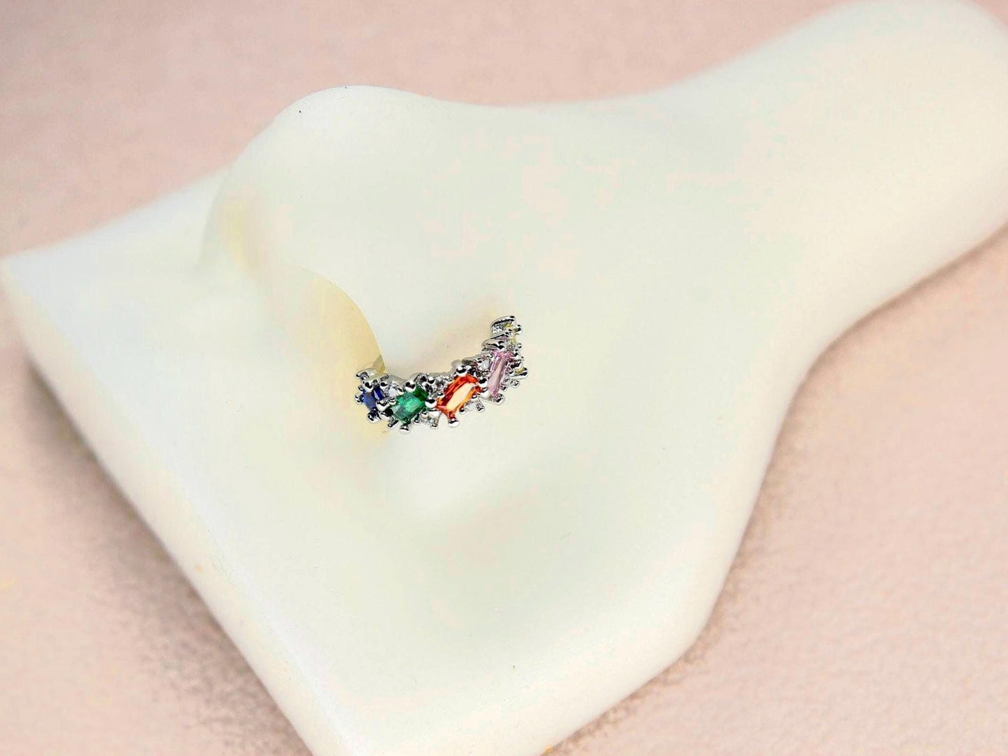20g Nose Hoop Ring, Silver Baguette Gem Bendable Nose Ring, Multicolor Nose Piercing Jewelry, Body Jewelry