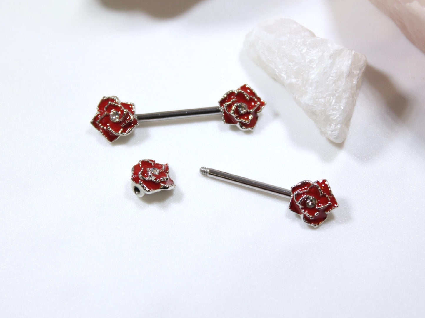 Red Rose Nipple Barbell Jewelry, 14g Rose Nipple Ring, Floral Nipple Piercing Jewelry, Personalized Body Jewelry