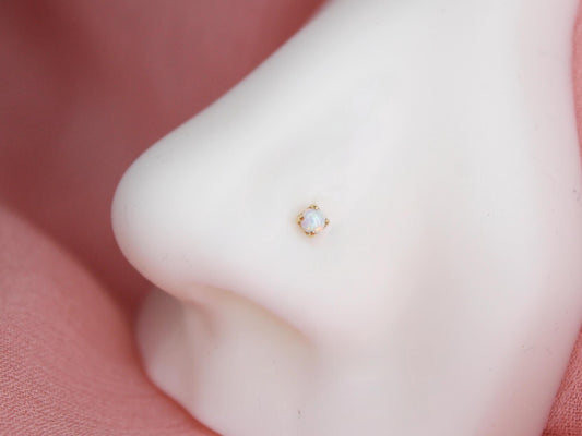 14K Gold Opal Nose Stud, White Opal L-Shaped Nose Ring, 20G Solid Gold Piercing Jewelry, Minimalist Dainty Nose Stud, Gold Body Jewelry