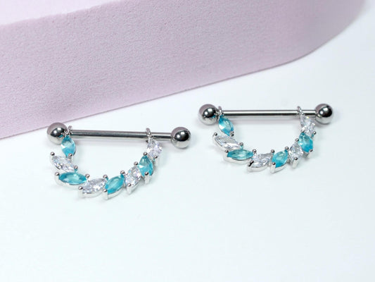 14G Blue Marquise Nipple Barbell, Set of 2 Dainty Nipple Ring, Nipple Piercing Jewelry, Body Jewelry