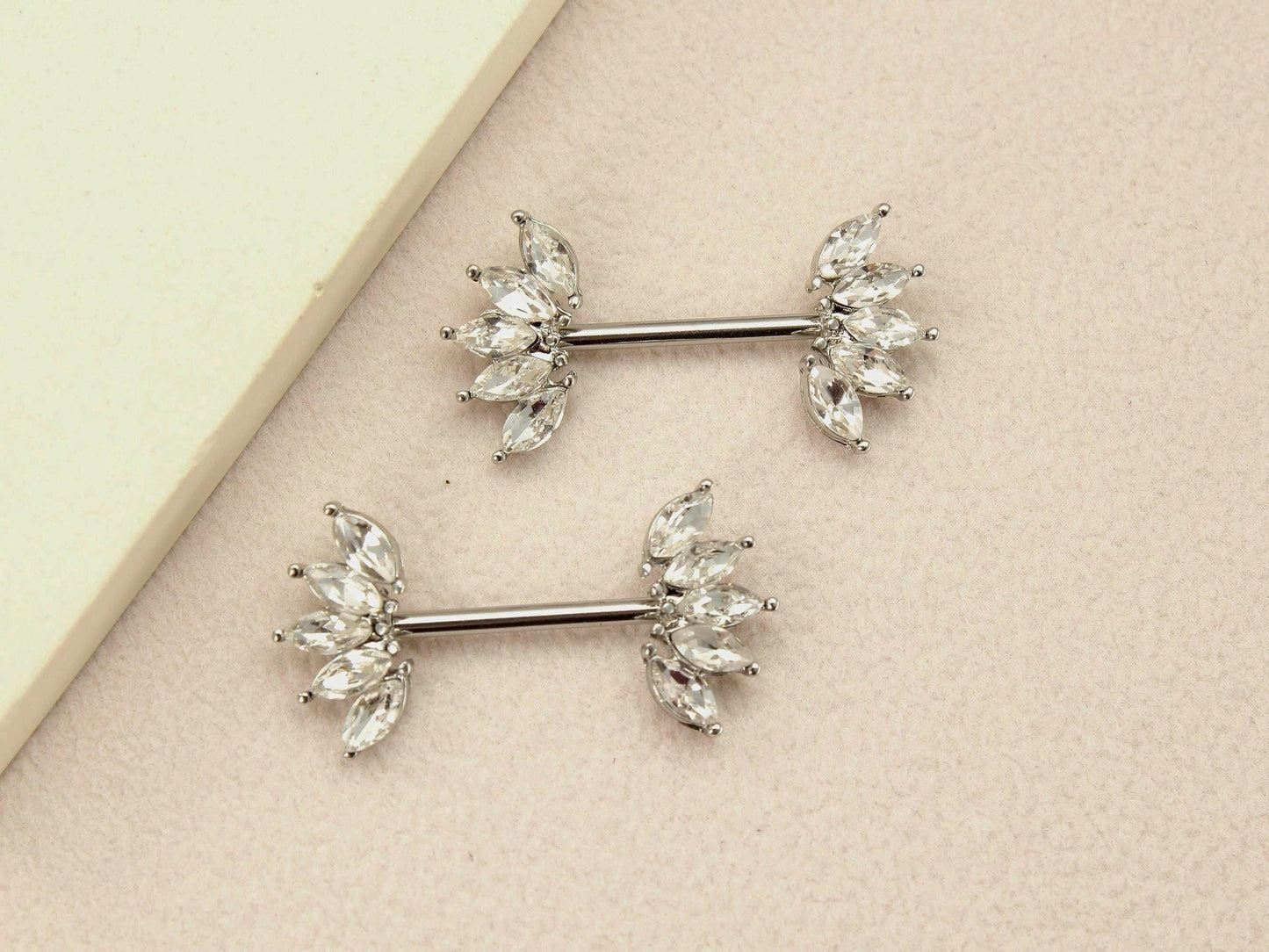 Silver Nipple Barbell Piercing, 14g Sparkling Gem Petal End Nipple Ring Jewelry, Floral Nipple Ring Body Jewelry