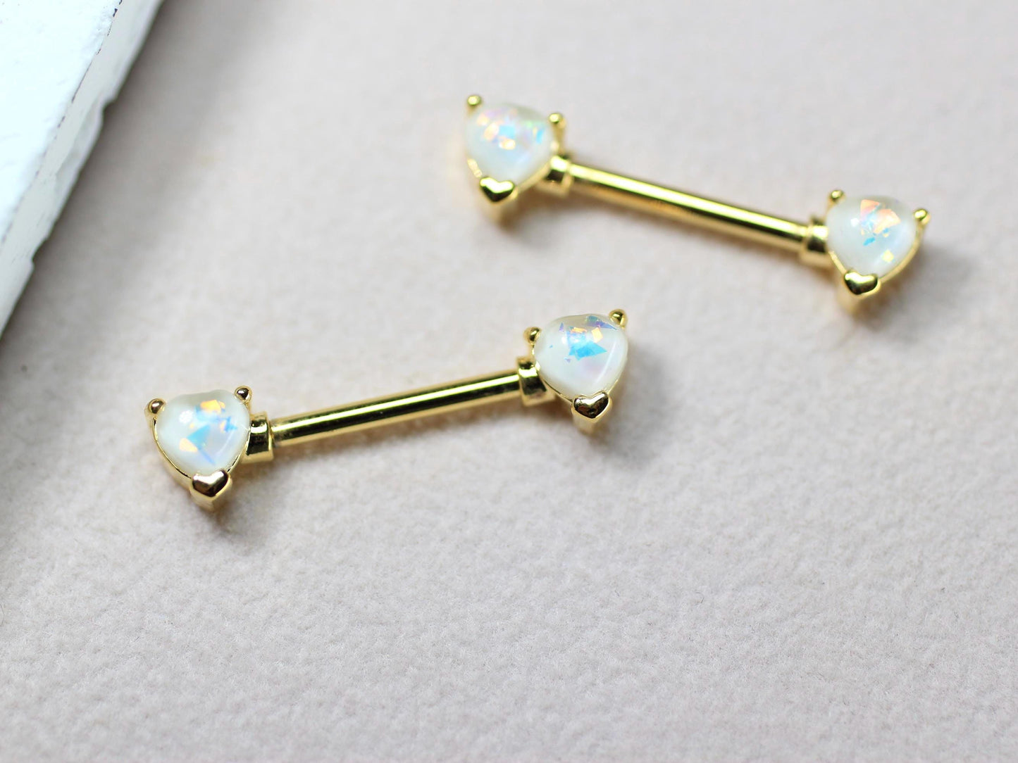 White Opal Heart Nipple Ring, Pair of Gold White Glitter Nipple Piercing Jewelry, 14g Gold Body Piercing Jewelry, Surgical Steel Jewelry