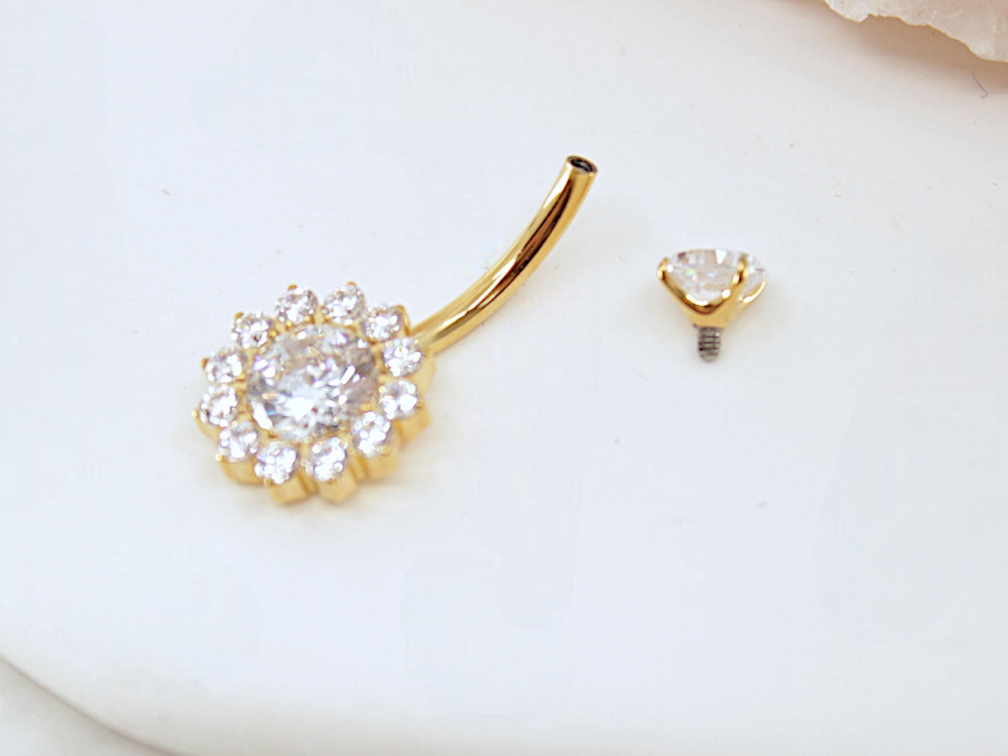 NEW 14G Titanium Gold Floral Belly Button Ring, Sparkle Gem Floral Decor Non Dangle Belly Button Ring Piercing Jewelry, Navel Piercing Ring