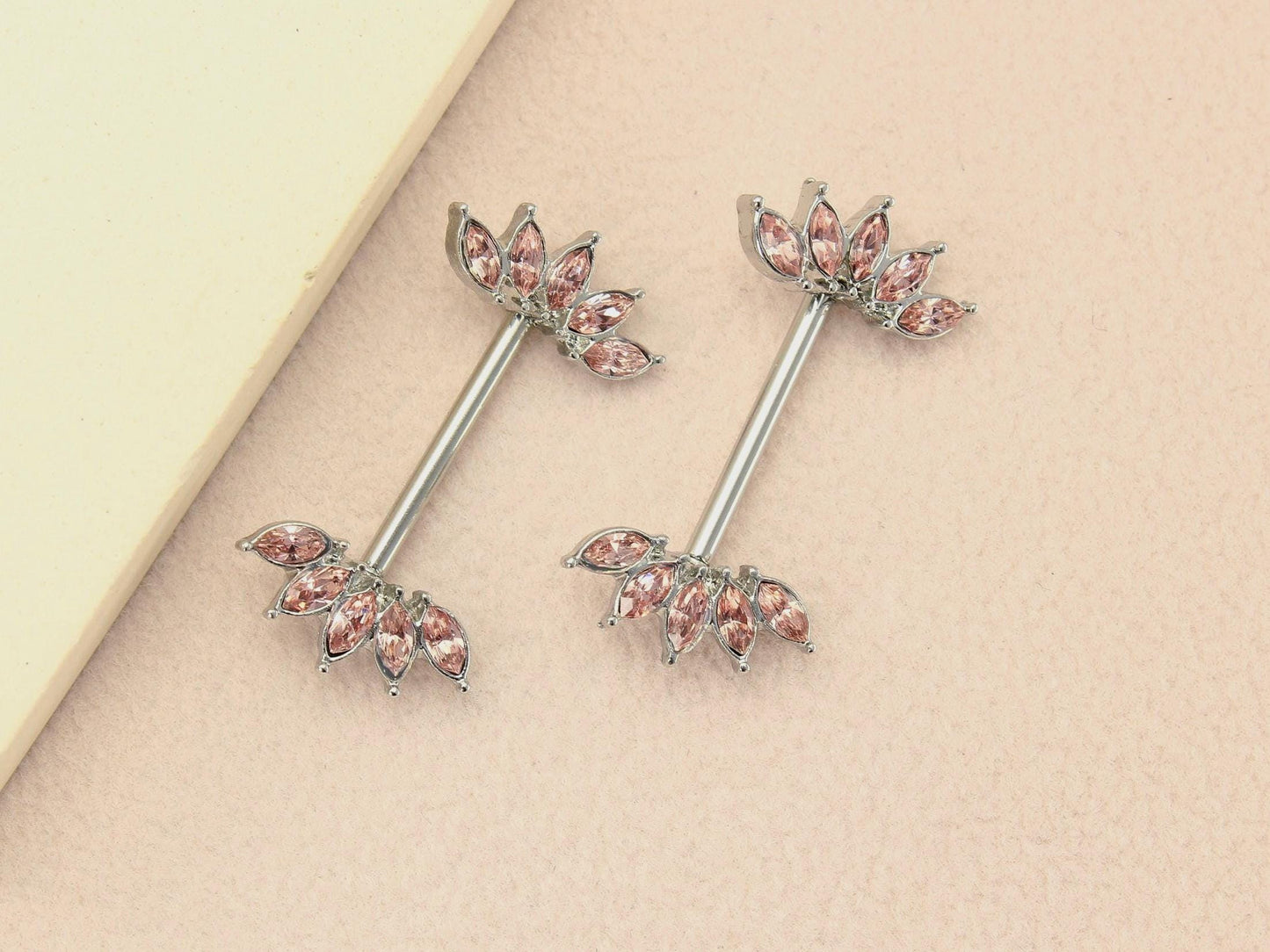 Pink Marquise Nipple Barbell, 14G Floral Petal Leaf Nipple Ring Jewelry, Pair of Leaf Nipple Piercing Jewelry, Body Piercing Jewelry