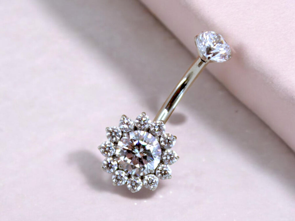 NEW • 14G Titanium Silver Belly Button Ring, Clear Sparkle Gem Floral Decor Belly Button Ring Piercing Jewelry, Navel Piercing Ring