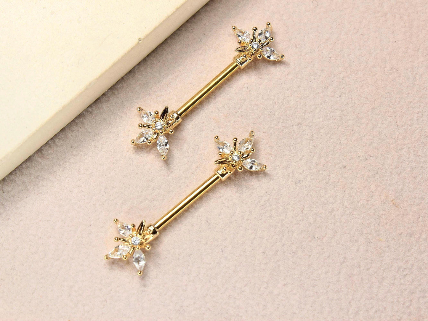 14G Gold Marquise Leaf Nipple Barbell, Pair of Floral Petal End Clear Gem Gold Nipple Piercing Jewelry, Body Piercing Jewelry,