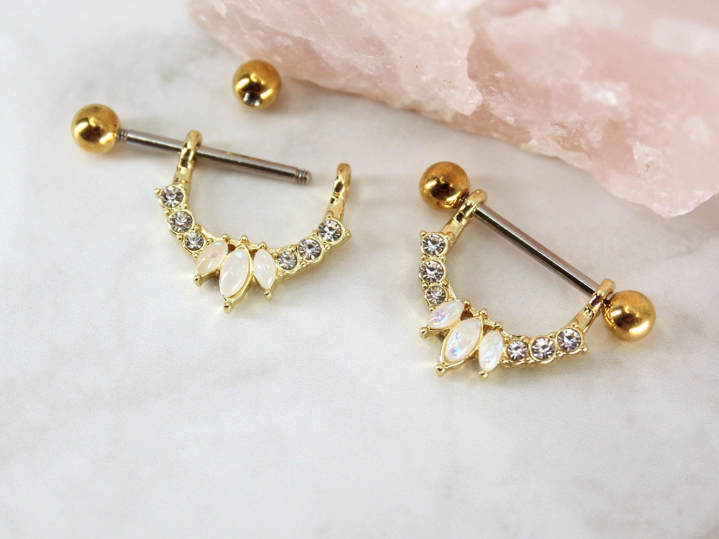 Opal Dangle Nipple Ring, Marquise Cut Opal Decorative Gem Nipple Piercing Jewelry, Gold Body Jewelry Piercing Nipple Ring Barbell