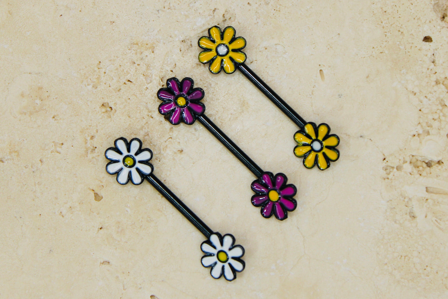 Flower Nipple Ring, Pink Yellow White Floral Decorative End Nipple Piercing Barbell Jewelry, 14g Nipple Barbell Body Piercing Jewelry