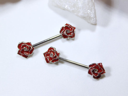 Red Rose Nipple Barbell Jewelry, 14g Rose Nipple Ring, Floral Nipple Piercing Jewelry, Personalized Body Jewelry