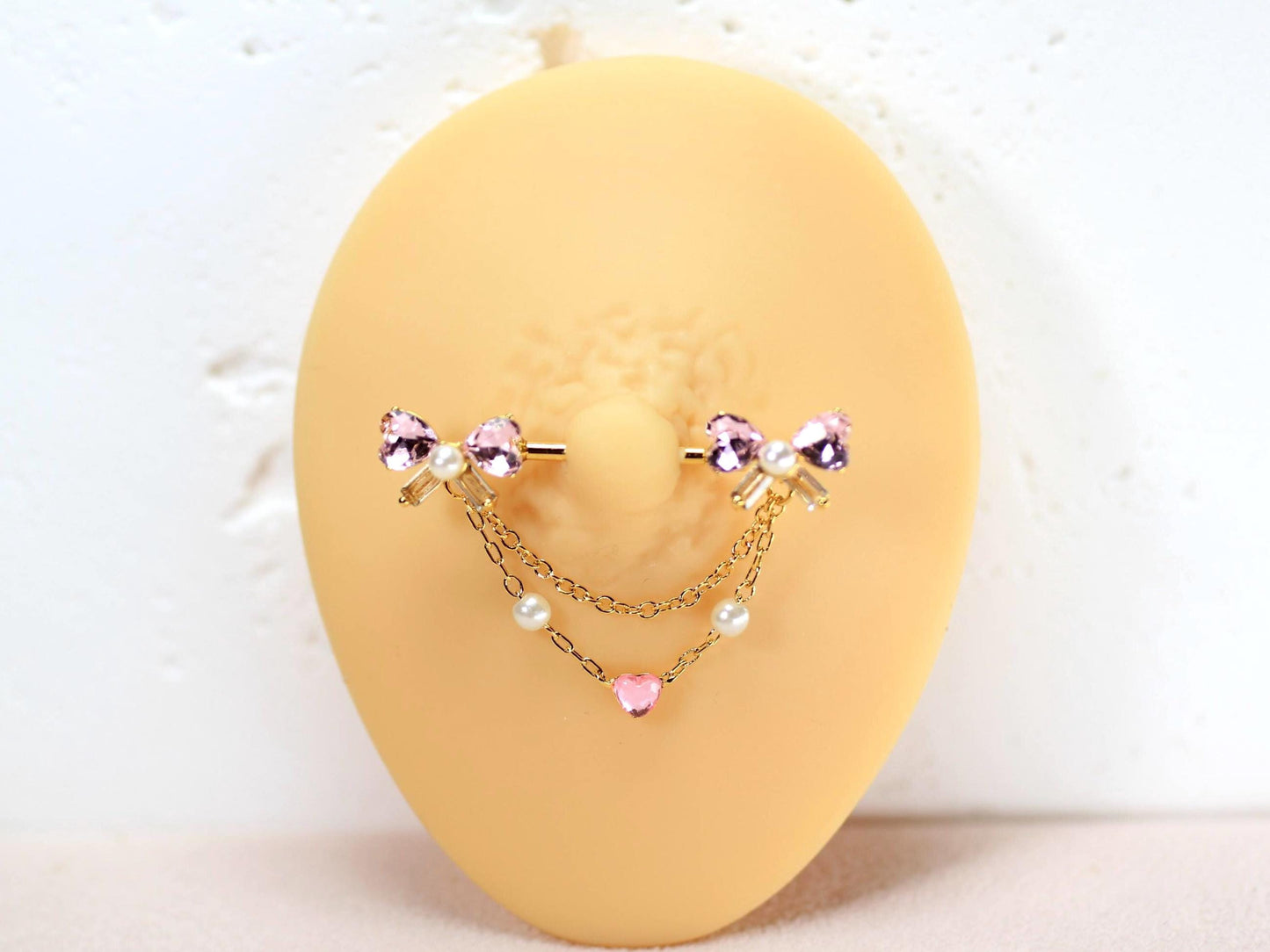14g Gold Dangling Nipple Barbell, Bow Heart Drop Dangle Push In Nipple Piercing, Surgical Steel Body Jewelry.