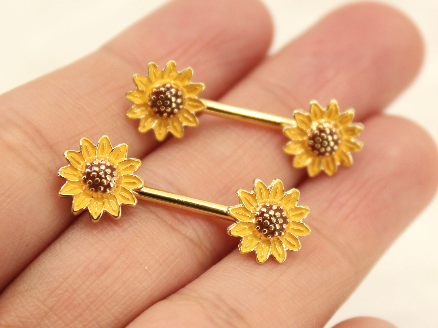 Sunflower Nipple Barbell, 14g Sunflower Nipple Ring Piercing.  Set of 2 Floral Nipple Piercing Jewelry, Body Piercing Nipple Jewelry