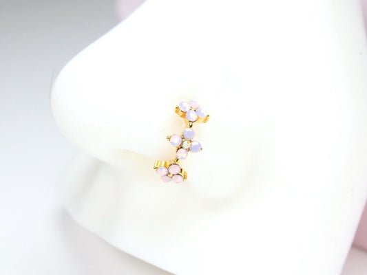 Pink Opal Floral Nose Ring, 20G Bendable Nose Hoop Ring, Gold Nose Piercing Jewelry, Dainty Nose Ring Jewelry, Body Jewelry, Opal Jewelry