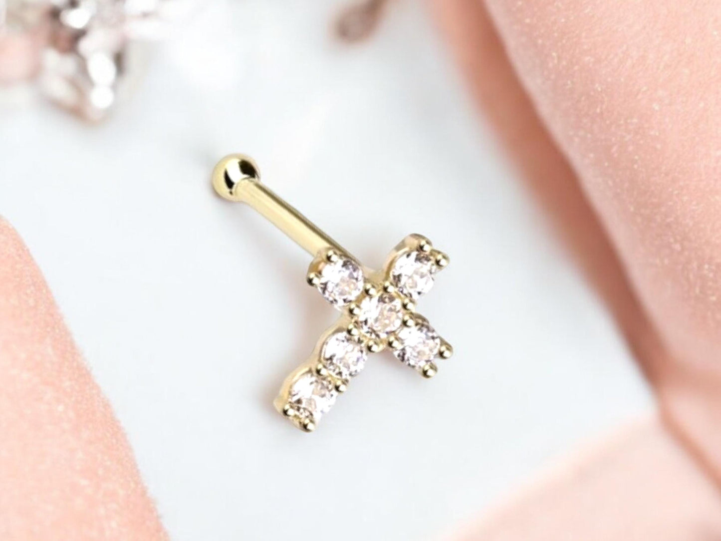 14K Gold Cross Nose Stud, Sparkle Gem Cross Decor Top Nose Bone Stud, Nose Piercing Stud Jewelry, 20g Gold Nose Stud