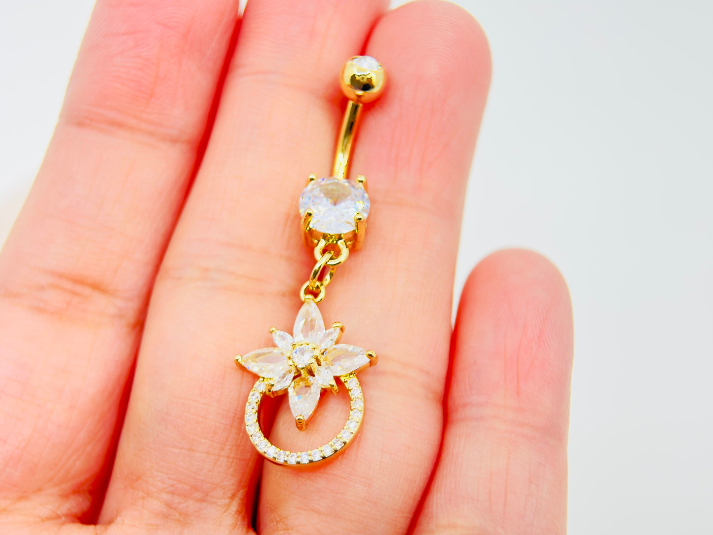 14g Gold Dangling Belly Button Ring, Dainty  Sparkling Floral Belly Ring,  Navel Piercing Jewelry