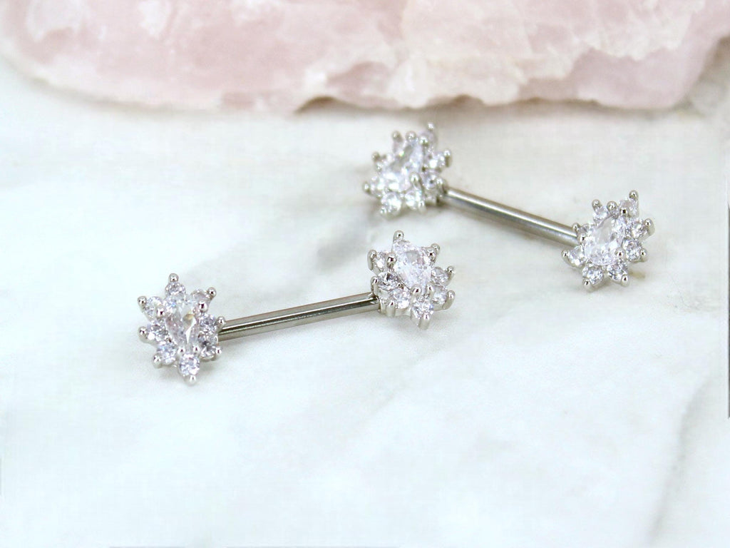 Oval Gem Nipple Ring, Floral Sparkle Gem Nipple Piercing Jewelry Cluster Decor Lightweight Nipple Barbell Ring Body Piercing Jewelry