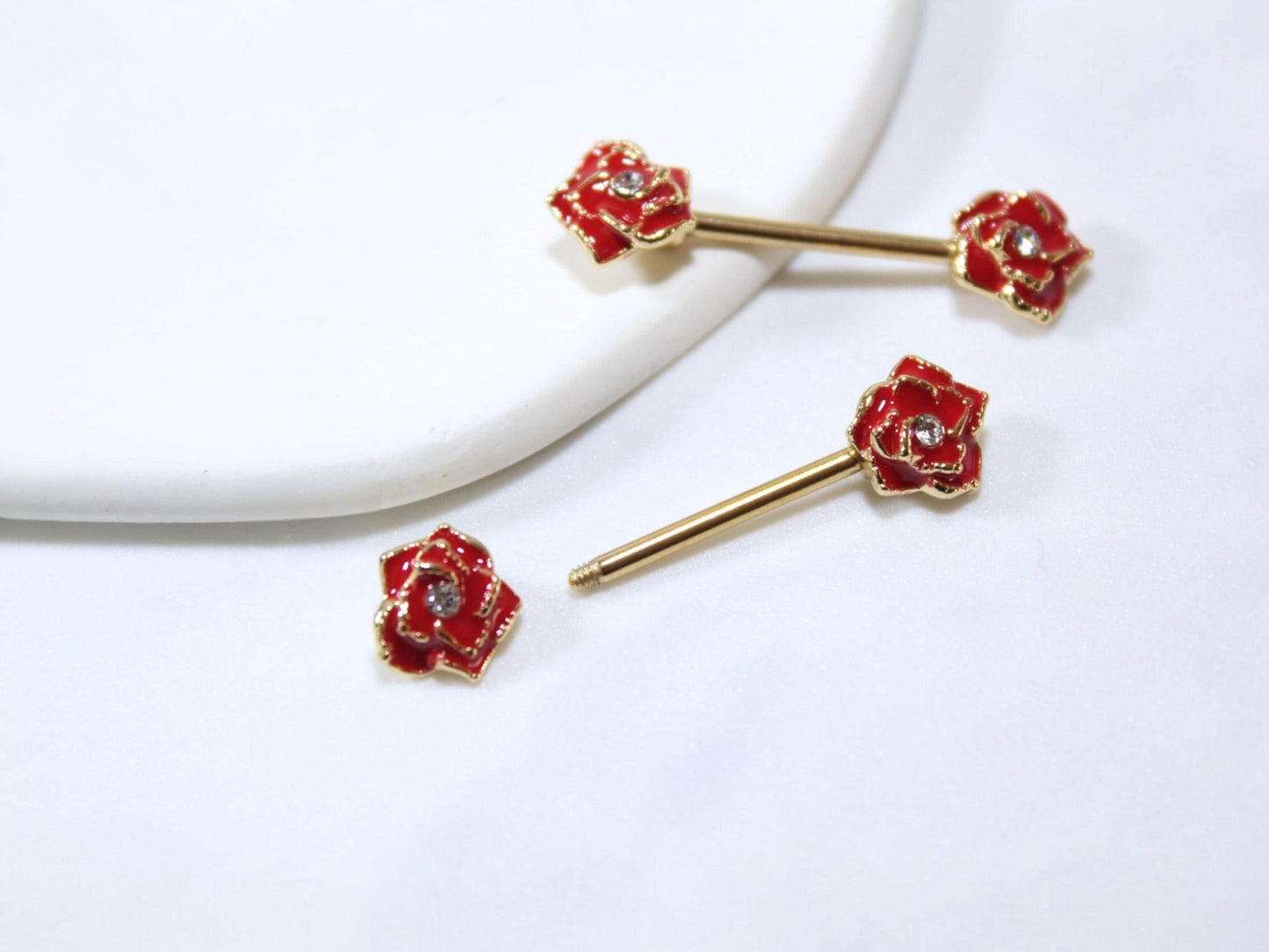 Red Rose Nipple Barbell Jewelry, 14g Rose Nipple Ring, Floral Nipple Piercing Jewelry, Personalized Body Jewelry