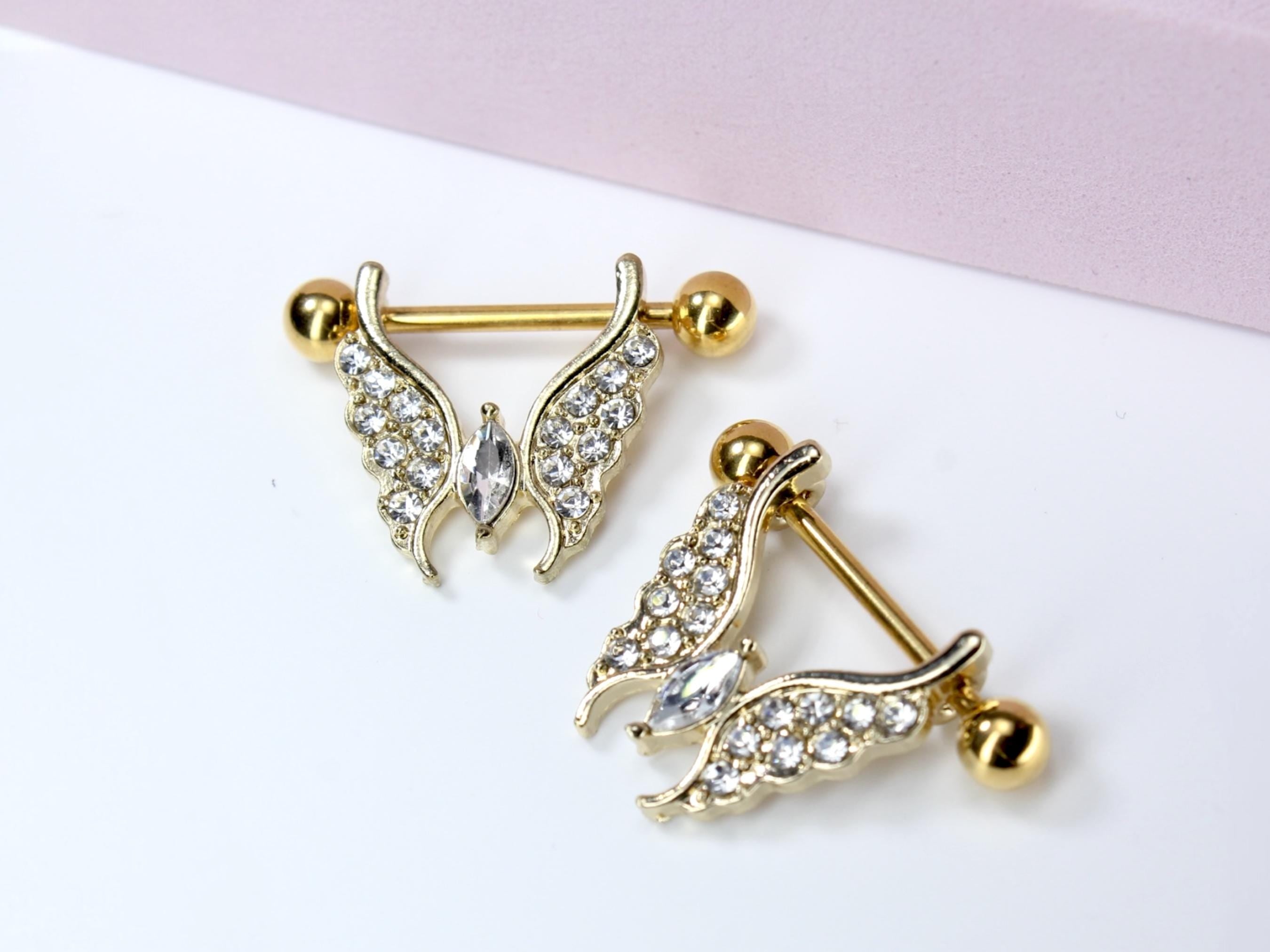 Gold Butterfly Nipple Ring, 14G Sparkling Butterfly Decor Nipple Piercing Jewelry, Set of 2 Gold Butterfly Nipple Ring Piercing Jewelry
