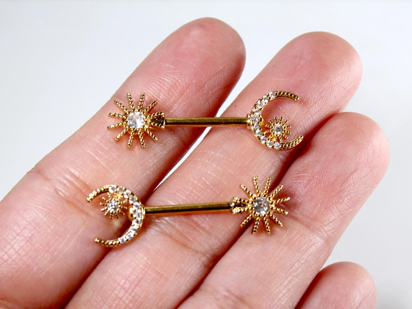Gold Crescent Moon Nipple Ring, 14g Sparkle Gem Crescent Moon & Sun Nipple Piercing Barbell, Nipple Piercing Jewelry