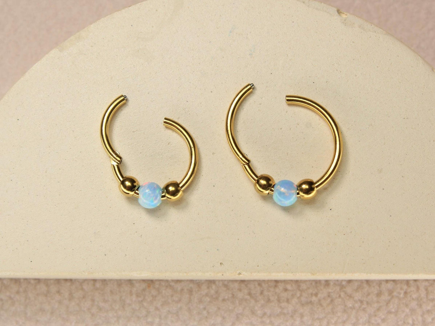 Opal Septum Ring, 18G Gold Septum Clicker Ring Piercing, Nose Piercing, Surgical Steel Body Jewelry